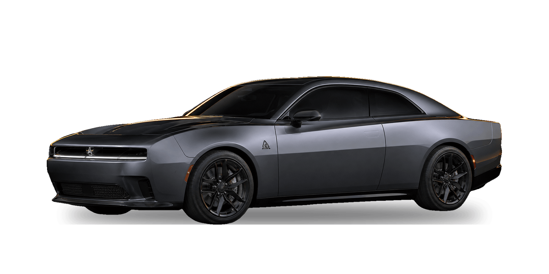 Gray 2025 Dodge Charger Daytona R/T electric fastback under warm gold rim lighting in a dark studio.