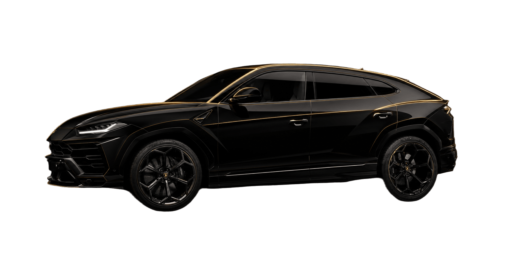 Black Lamborghini Urus SUV with gold rim lighting on a dark reflective studio floor.